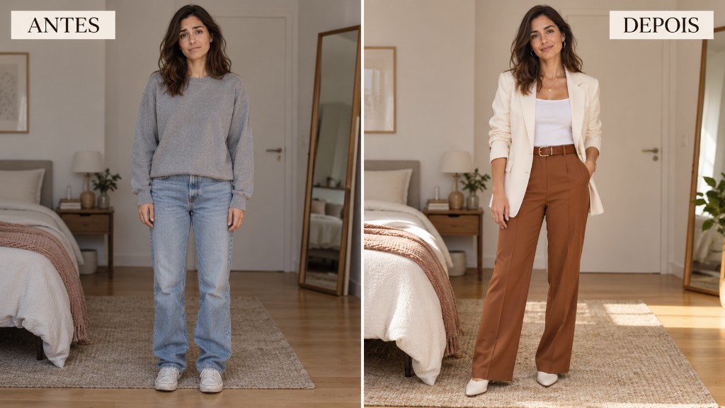 Before, the usual gray outfit. After, a light blazer, brown trousers, and the chosen look.